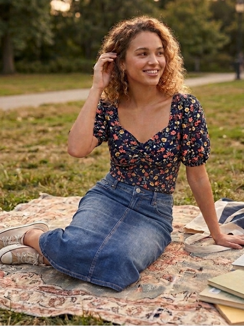 Vintage Wrapper Womenโs Navy Floral Puff-Sleeve Top - smallโ
